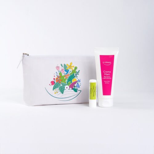 Kit “Rosa & Aloe per Mani e Labbra perfette” con beauty pochette green