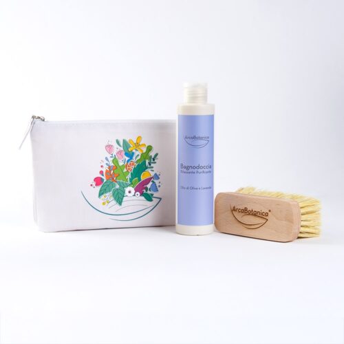 Kit “Rituale Dry Brushing & Doccia alla Lavanda” con beauty pochette green