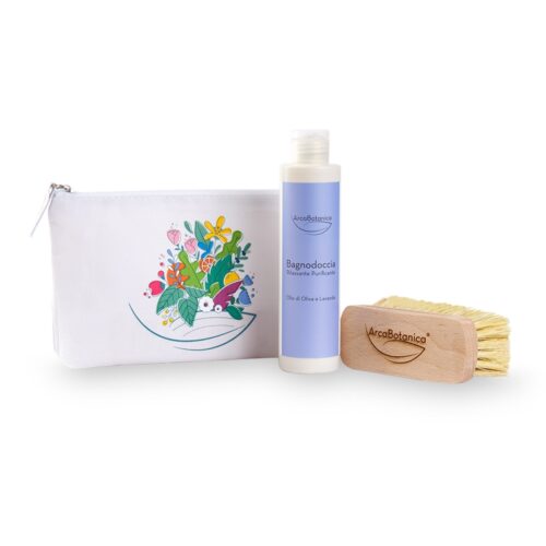 Kit "Rituale Dry Brushing & Doccia alla Lavanda" con beauty pochette green