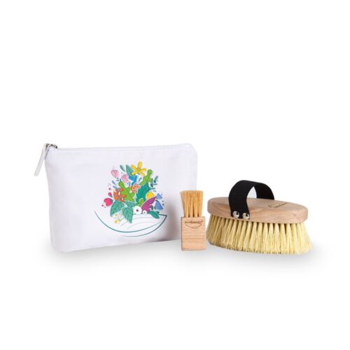 Kit "Rituale Dry Brushing Viso & Corpo" con beauty pochette green